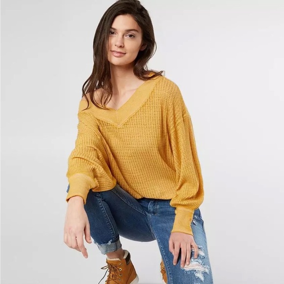 Free People South Side Thermal Yellow Off-the-Shoulder Sweater Women’s Medium - Picture 1 of 7
